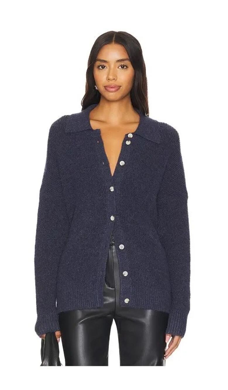 Central Park West Millie Navy Oversized Button Up Knit Cardigan Polo Sweater S